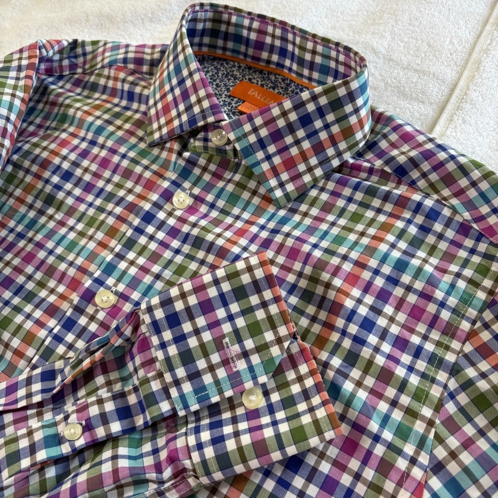 Tallia Dress Shirt Mens 15.5 32/33 Multi Color Check Floral Trim Plaid Button Up